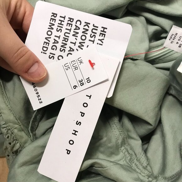 TOPSHOP - WOMEN'S 6 - GREEN SHORT SLEEVE ROUND  EYELET RUFFLE NECK COTTON DRESS - Picture 6 of 7